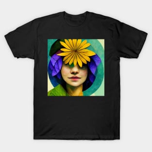 cubism, rose, woman, daisy, circle, beauty, green, blue, purple, nature, love, leaf, yellow, red T-Shirt